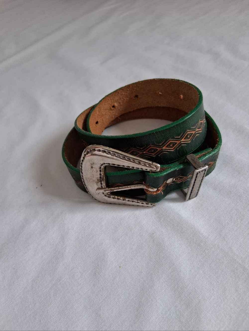 Belt Leather Green Tooled Geometric Pattern Western Silver Tone Metal Buckle